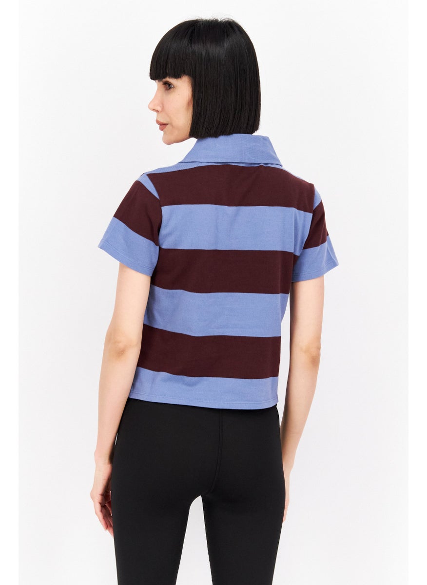 rvca Women Regular Fit Spread Collar Short Sleeve Stripe Polo Shirt, Blue  - Image 4