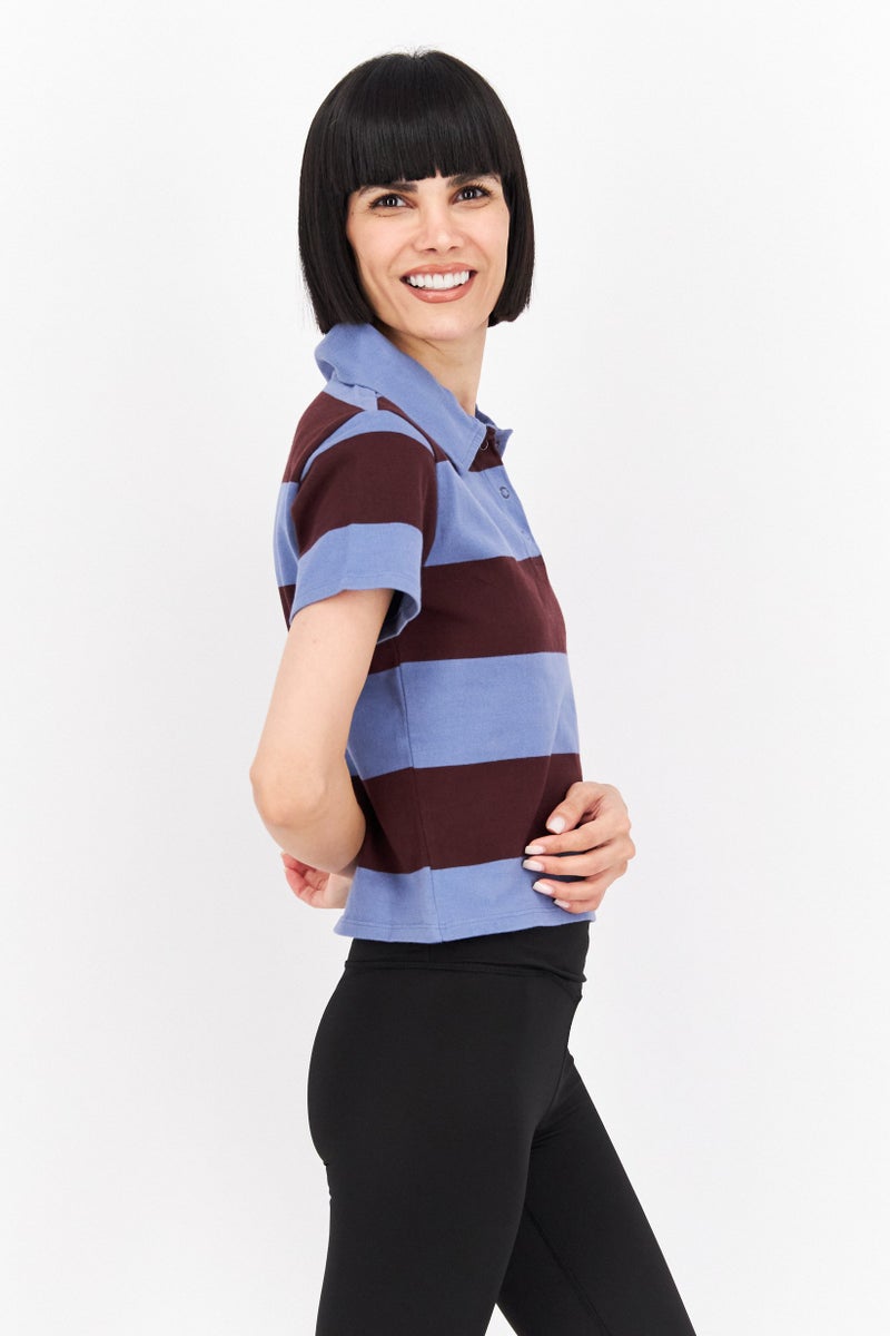 rvca Women Regular Fit Spread Collar Short Sleeve Stripe Polo Shirt, Blue - Image 3
