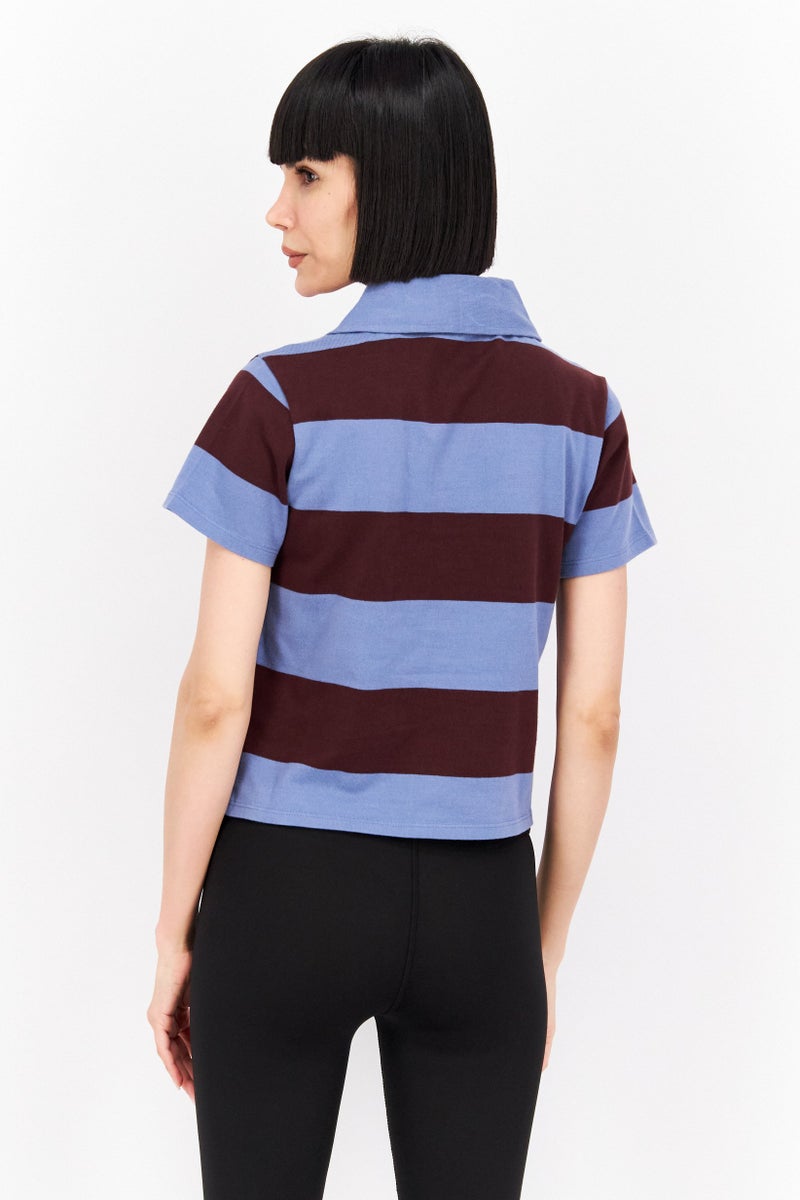 rvca Women Regular Fit Spread Collar Short Sleeve Stripe Polo Shirt, Blue - Image 4