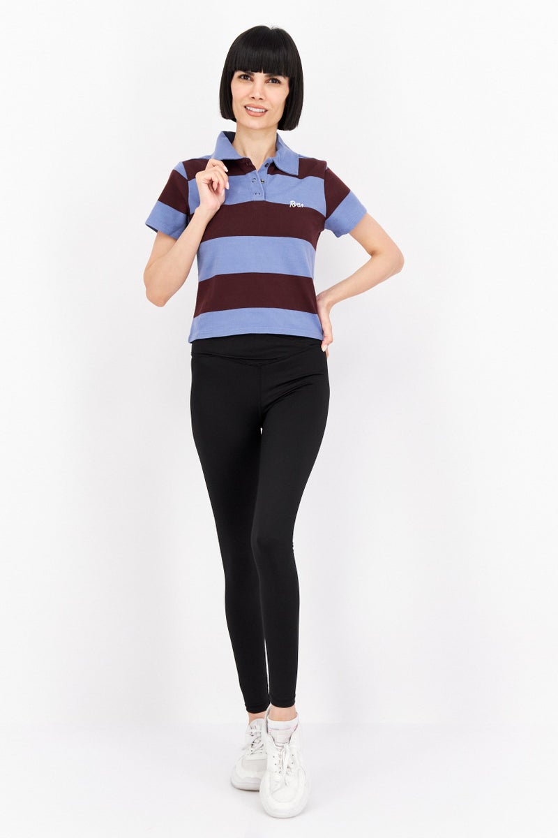 rvca Women Regular Fit Spread Collar Short Sleeve Stripe Polo Shirt, Blue - Image 2