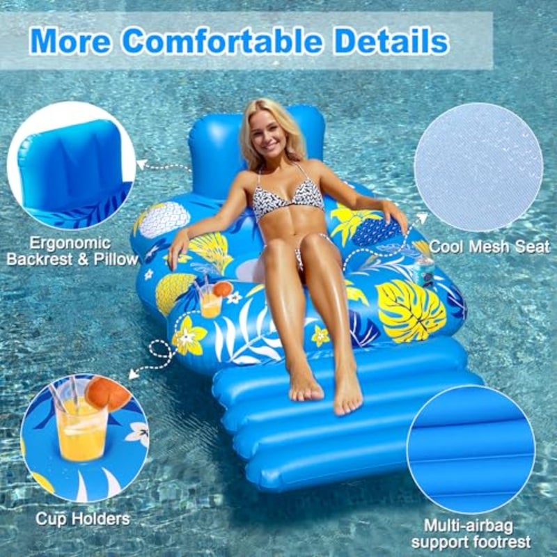 Inflatable Pool Lounger Float, Heavy Duty Pool Floats for Adults with Innovative FootrestandCup Holders, Pool Chair for Swimming Pool, River, Lake and Beach Party - Image 3