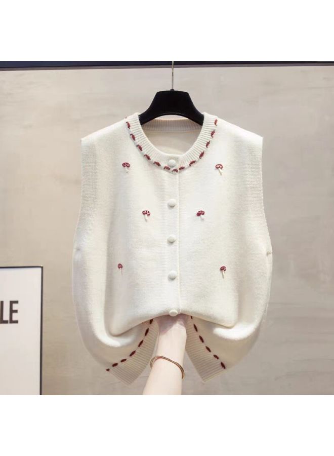 Korean-style Mushroom Embroidery Knitted Vest Cardigan Women's Autumn New Loose Versatile Sweater Sleeveless Top Trendy