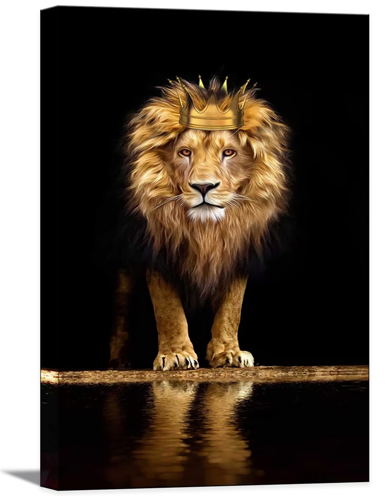 AKOTAC Tribute to art Lion Canvas Print Wall Art,A with a crown noble and confident,Black Golden Animal for Living Room Office Decor Home Decoration Framed Ready Hang,bedroom men (Lion king, 16inchx12inch) - Image 1
