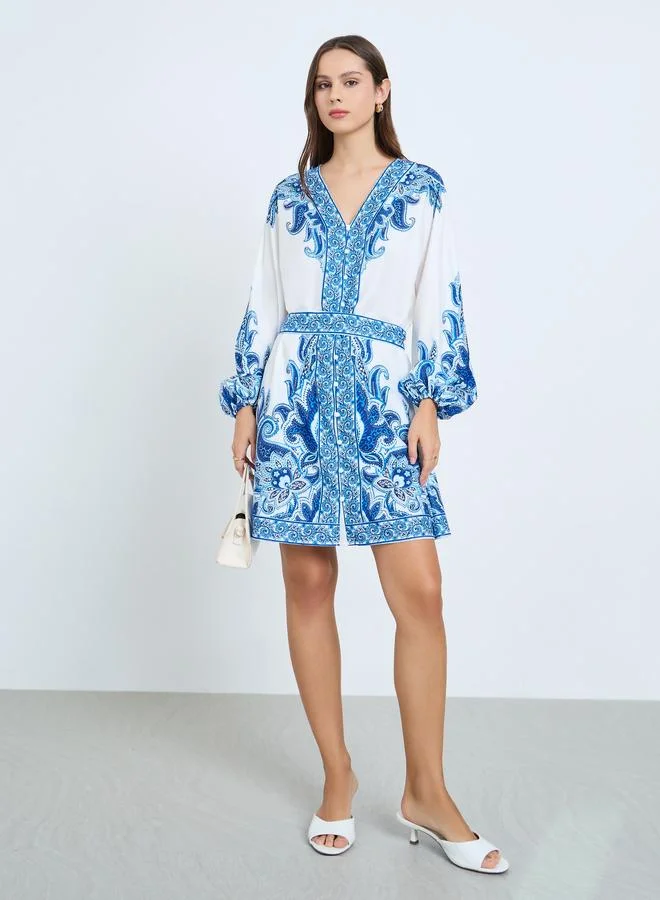 Take Two Blue Floral Printed Balloon Sleeve Mini Dress