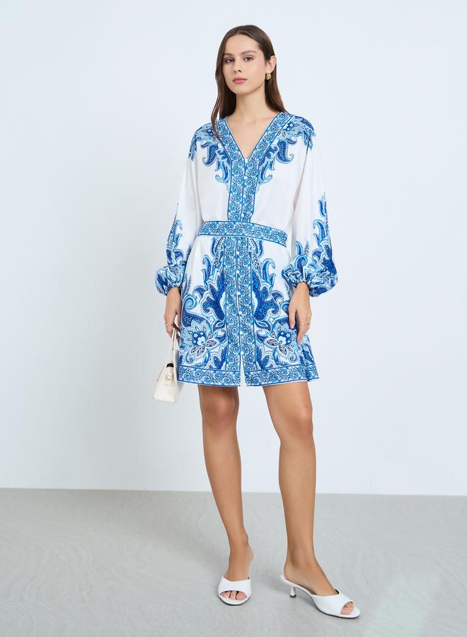 Take Two Blue Floral Printed Balloon Sleeve Mini Dress - Image 2