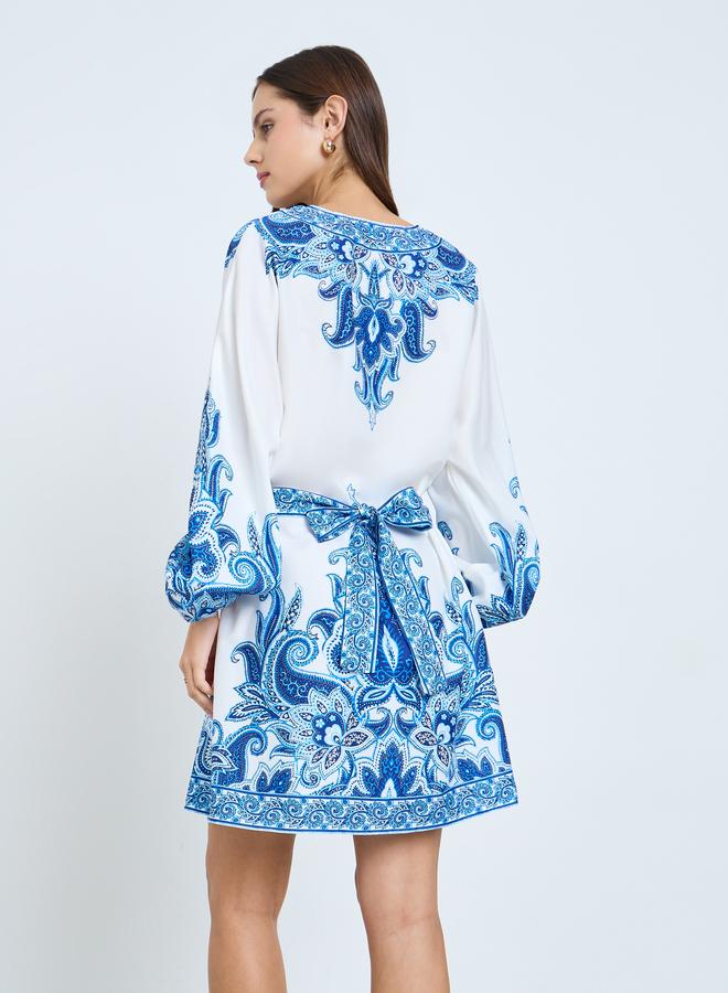 Take Two Blue Floral Printed Balloon Sleeve Mini Dress - Image 4