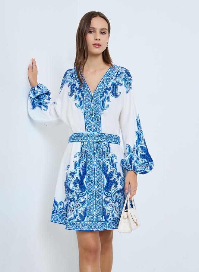 Take Two Blue Floral Printed Balloon Sleeve Mini Dress - Image 1