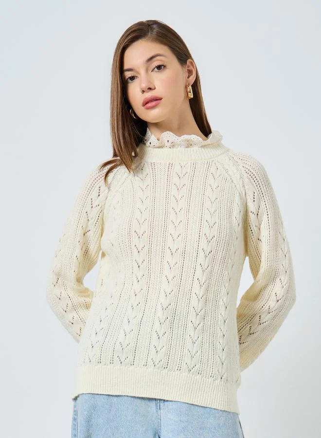 Off White Regular Fit Ruffle Schiffli Trim Knit Sweater