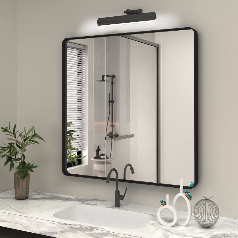 CHARMOR 36x36 Square Black Bathroom Mirror Matte Framed Bathroom Vanity Mirror for Wall Modern Rectangle Mirror Rounded Corners Tempered Glass