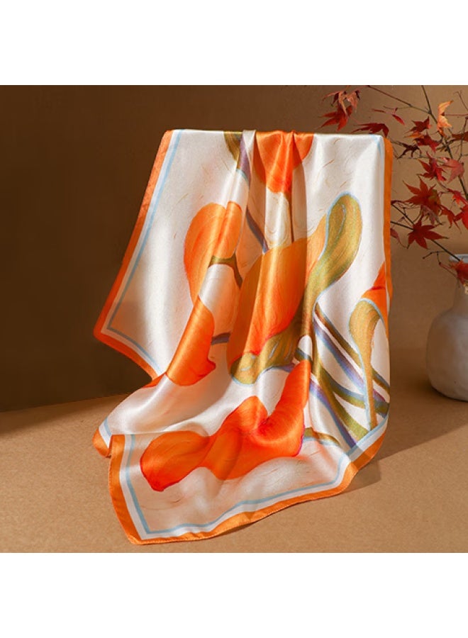 Hang Silk House Hangsifu Silk Scarf, Mulberry Silk Neck Scarf, Neck Warmer, Small Scarf For Women, Gift For Mom, Birthday And New Year Present, Gift Box, Honey Orange - Image 1