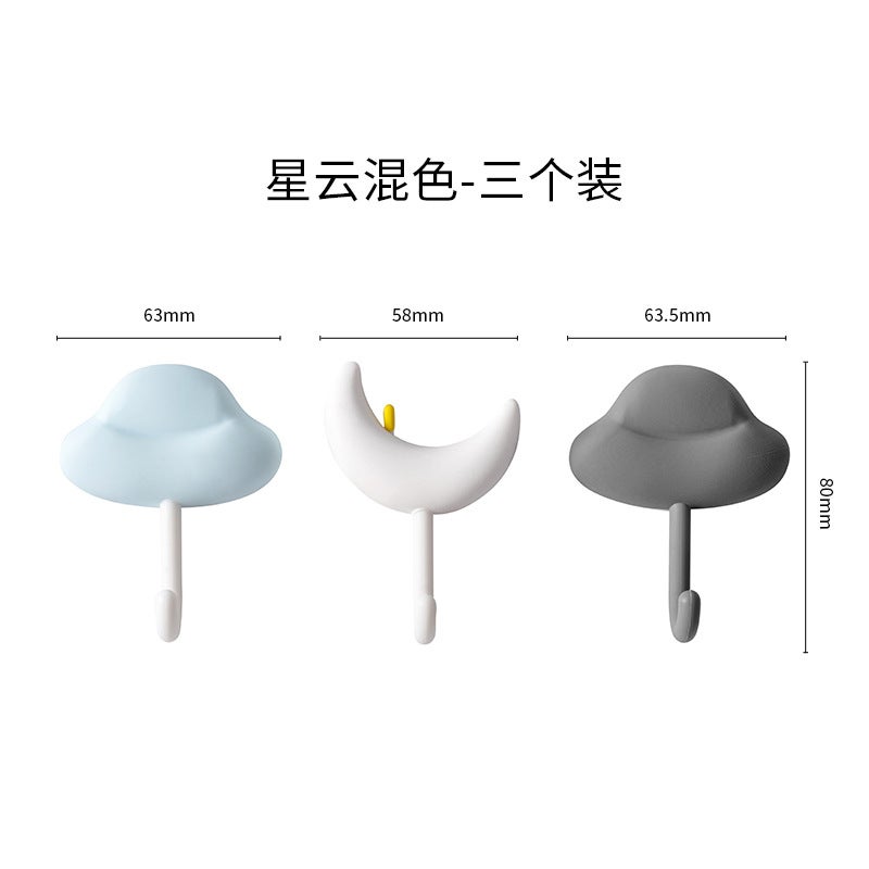 Heavy-Duty Adhesive Hooks No-Drill Wall Hangers Blue Hat White Moon Black Cloud (Mixed)