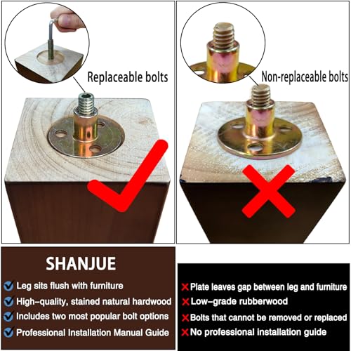SHANJUE Wood Furniture Legs 3 Inch Set of 4, Square Brown Couch Legs Replacement, Mid Century Modern Sofa Legs with Anti Slip Couch Feet Pads for Dresser, Recliner and Coffee Table - Image 4