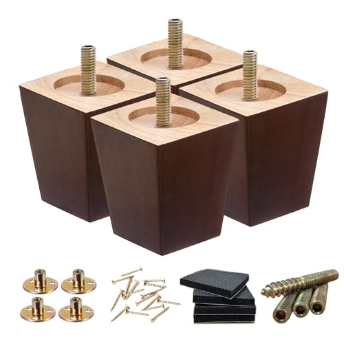 SHANJUE Wood Furniture Legs 3 Inch Set of 4, Square Brown Couch Legs Replacement, Mid Century Modern Sofa Legs with Anti Slip Couch Feet Pads for Dresser, Recliner and Coffee Table - Image 1