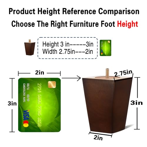 SHANJUE Wood Furniture Legs 3 Inch Set of 4, Square Brown Couch Legs Replacement, Mid Century Modern Sofa Legs with Anti Slip Couch Feet Pads for Dresser, Recliner and Coffee Table - Image 2