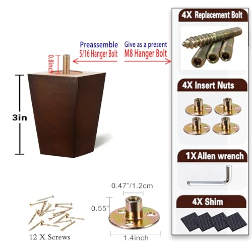 SHANJUE Wood Furniture Legs 3 Inch Set of 4, Square Brown Couch Legs Replacement, Mid Century Modern Sofa Legs with Anti Slip Couch Feet Pads for Dresser, Recliner and Coffee Table - Image 5