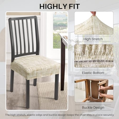SearchI Stretch Dining Chair Seat Covers Set of 6 Soft Removable Washable Seat Covers for Dining Chairs Dining Room Seat Cover Protector RearCovered Beige LinenLook Print - Image 3
