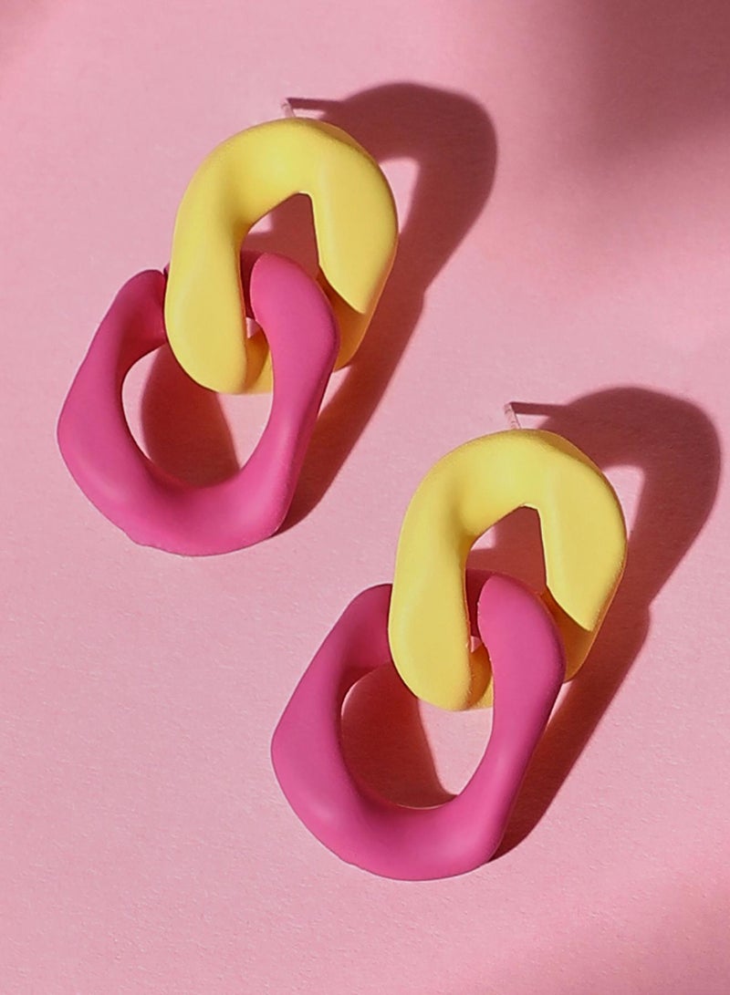 SOHI Women The Block-Link Drop Earrings | Lemon Yellow & Fushcia Pink Colour | One-Size | Metallic Alloy Material | Push Back Closure | Earrings For Casual & Daily Wear - Image 1