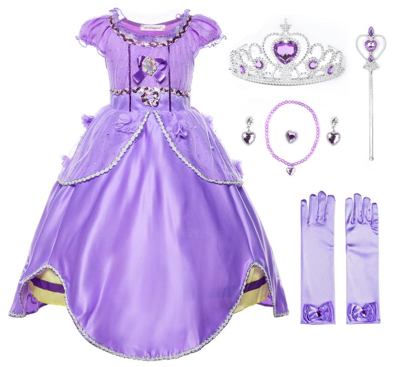 JerrisApparel Girls Princess Costume Floor Length Birthday Party Dress up (5, Purple with Accessories) - Image 1