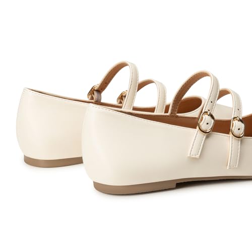 Trary White Flats for Women, Mary Jane Shoes Women Closed Pointed Toe Ballet Flats Dressy Comfortable Slip on Shoes Leather Mary Janes Beige Size 6 - Image 2
