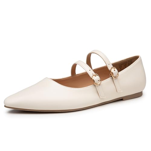 Trary White Flats for Women, Mary Jane Shoes Women Closed Pointed Toe Ballet Flats Dressy Comfortable Slip on Shoes Leather Mary Janes Beige Size 6 - Image 1