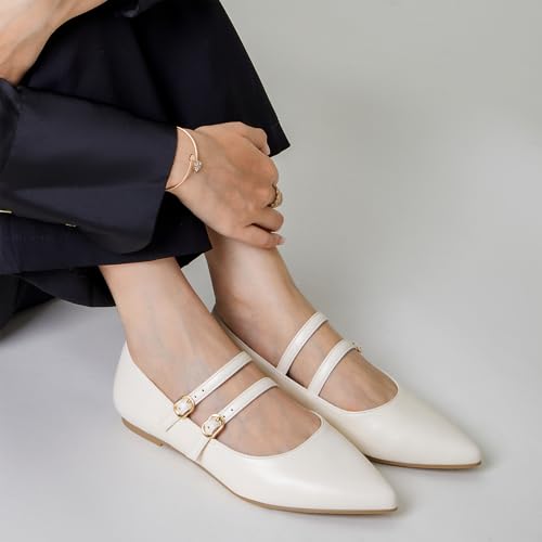 Trary White Flats for Women, Mary Jane Shoes Women Closed Pointed Toe Ballet Flats Dressy Comfortable Slip on Shoes Leather Mary Janes Beige Size 6 - Image 5