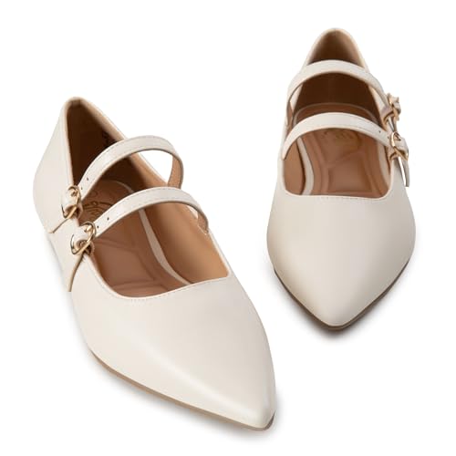 Trary White Flats for Women, Mary Jane Shoes Women Closed Pointed Toe Ballet Flats Dressy Comfortable Slip on Shoes Leather Mary Janes Beige Size 6 - Image 3