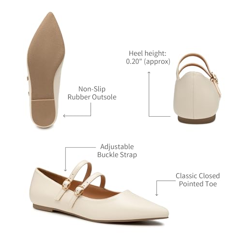 Trary White Flats for Women, Mary Jane Shoes Women Closed Pointed Toe Ballet Flats Dressy Comfortable Slip on Shoes Leather Mary Janes Beige Size 6 - Image 4