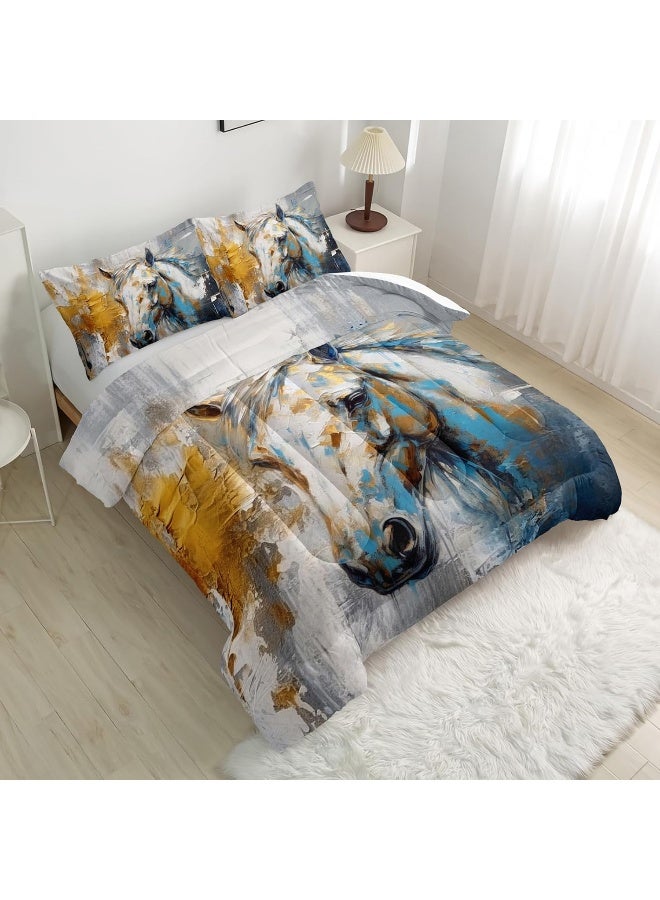 Nttopship Horse Canvas Comforter Set Full Size, 100% Soft Ultra-fine Fiber Four Season White Horse Comforter Set  - Image 3