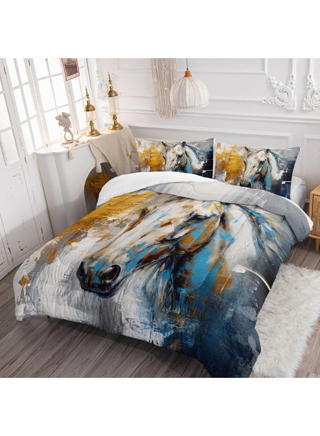 Nttopship Horse Canvas Comforter Set Full Size, 100% Soft Ultra-fine Fiber Four Season White Horse Comforter Set  - Image 2
