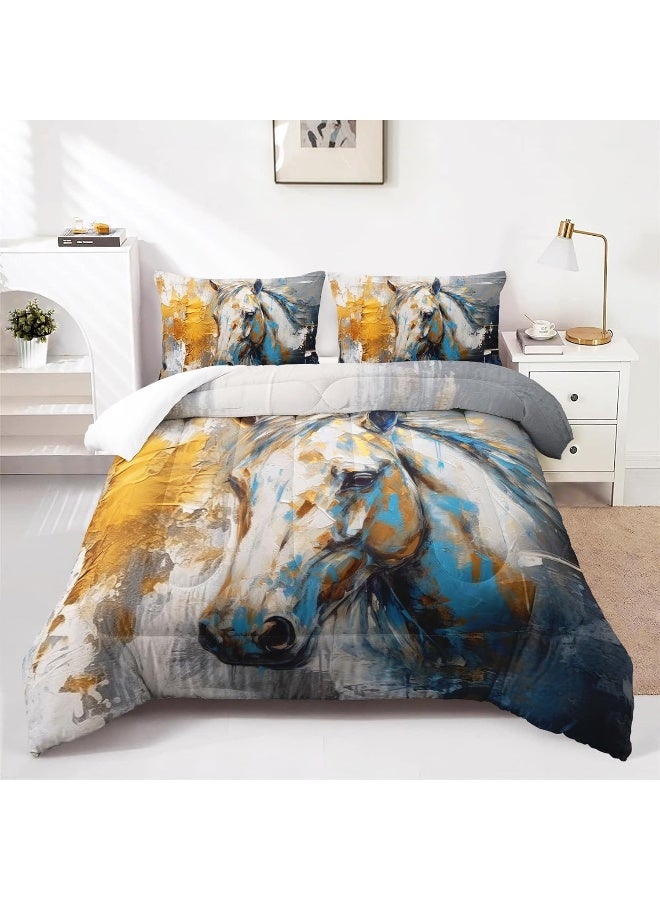 Nttopship Horse Canvas Comforter Set Full Size, 100% Soft Ultra-fine Fiber Four Season White Horse Comforter Set  - Image 1