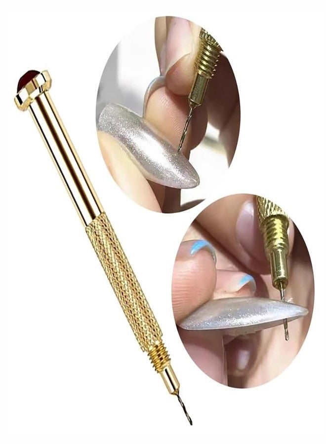 Bellecrey 1set Nail Art Piercing Tool Metal Hand Dangle Drill Hole for Nail Charm Jewelry Dotting Pen Manicure Salon Accessories Gold Stainless Steel Nail Hand Dangle Drill Hole Maker (Hole Nail Drill) - Image 2