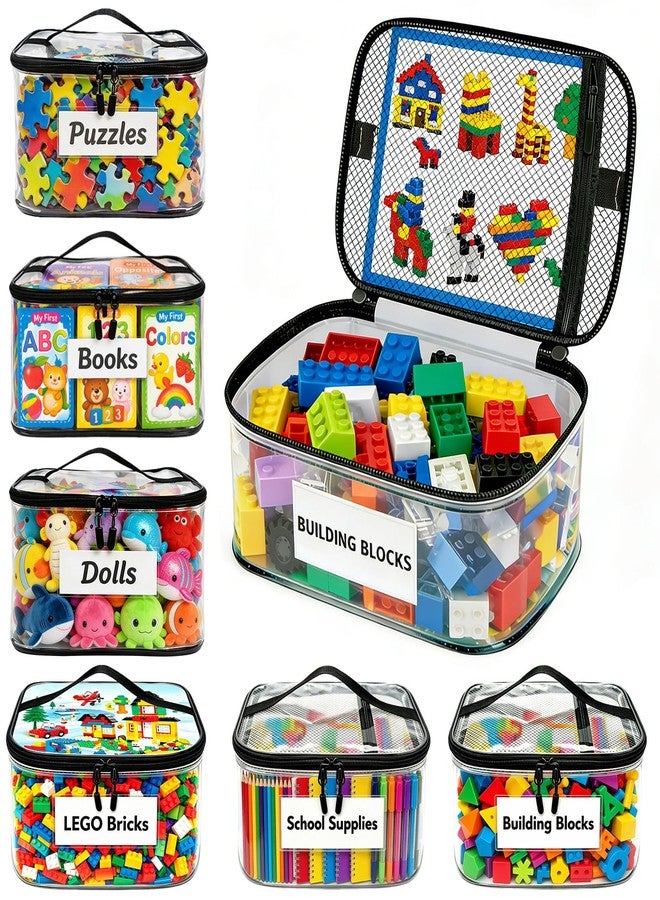 Blissleaf 6 Pack Large Clear Toy Storage Bag with Name Tag, Waterproof PVC Toy Organizer Bags with Zipper & Manual Pocket, Toy Storage Organizer for Lego Bricks, Building Blocks, Board Games, Puzzles, Kid Books - Image 1