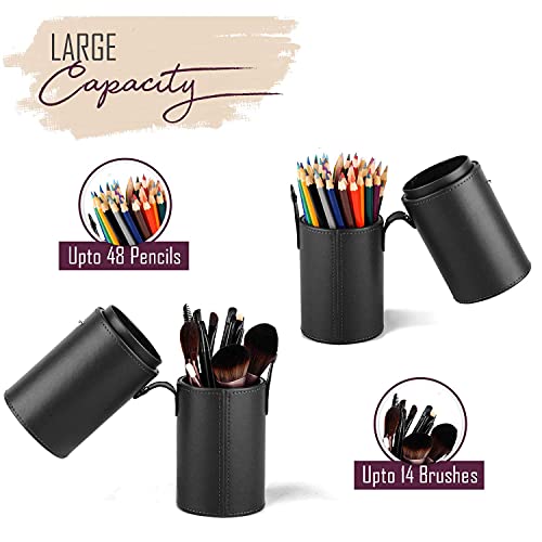 FINEMOE Large Makeup Brush Holder For Makeup Artist&Makeup Brushes Set Organizer For Travel,Premium Pu Leather Makeup Brush Stand Cosmetic Dustproof Makeup Brush Pouch&Pouch Cup Case(Black),7.6 cm - Image 3