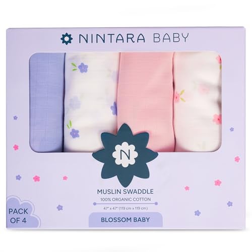 NINTARABABY Extra-Large Swaddles - 100% Organic Premium Muslin Cotton, 47" x 47" (119 cm x 119 cm), Ultra-Soft, Breathable & Lightweight, Hypoallergenic, Gifts for Newborn Girls, Pack of 4 - Image 1