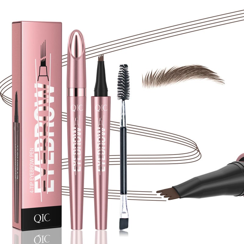 QIC Microblading Eyebrow Pen,QIC Eyebrow 4 Tip Brow Pencil,Long-Lasting Natural Eyebrow Hair,Waterproof Magic Eyebrow Pencil Eyebrow Brush(Brown) - Image 1