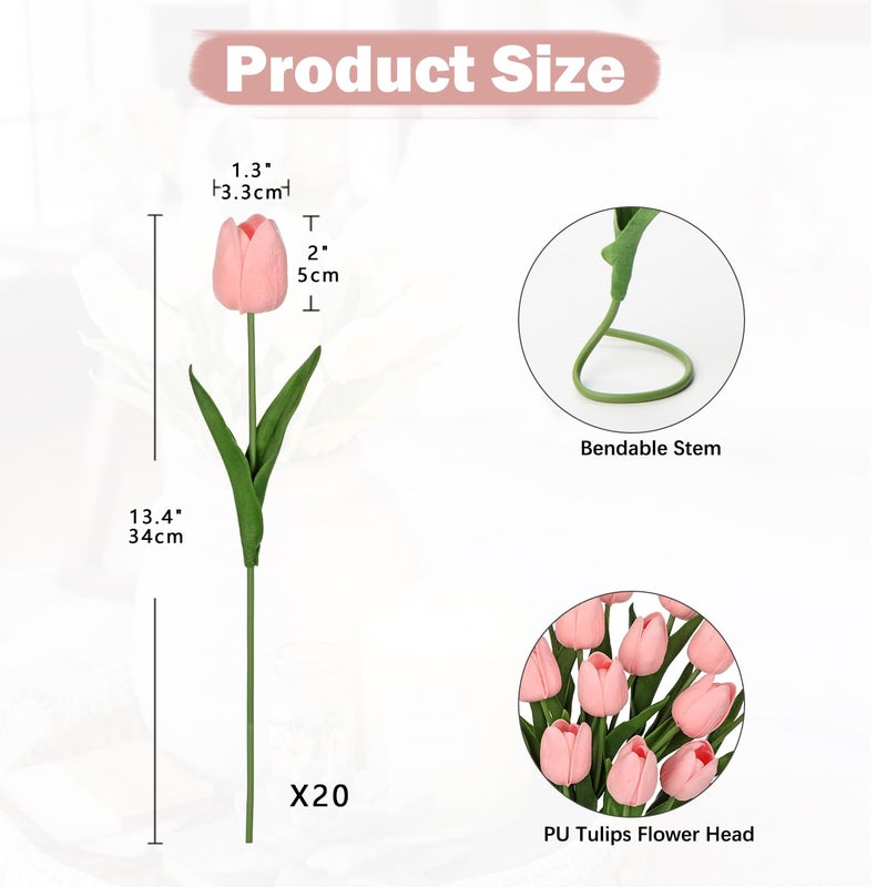DILATATA 20 Pcs Baby Pink Tulips Artificial Flowers Real Touch Fake Tulips Fake Flowers for Mother's Day 13.5" Faux Tulips Faux Flowers Bulk Artificial Tulips Flowers for Vase Centerpieces Home Wedding Bouquet - Image 2