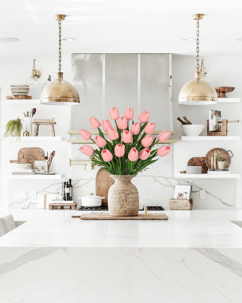 DILATATA 20 Pcs Baby Pink Tulips Artificial Flowers Real Touch Fake Tulips Fake Flowers for Mother's Day 13.5" Faux Tulips Faux Flowers Bulk Artificial Tulips Flowers for Vase Centerpieces Home Wedding Bouquet - Image 3