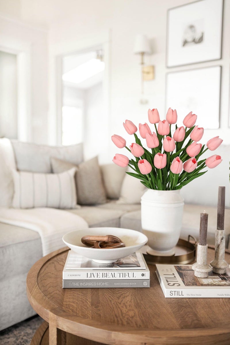 DILATATA 20 Pcs Baby Pink Tulips Artificial Flowers Real Touch Fake Tulips Fake Flowers for Mother's Day 13.5" Faux Tulips Faux Flowers Bulk Artificial Tulips Flowers for Vase Centerpieces Home Wedding Bouquet - Image 5