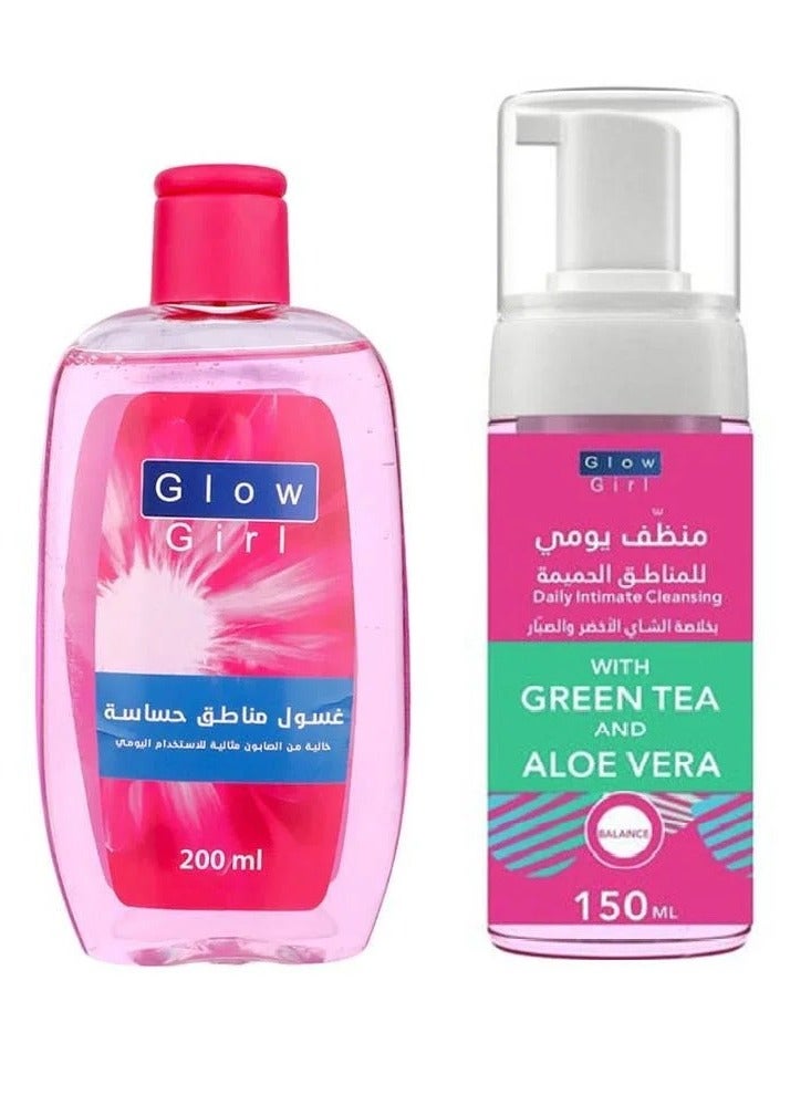 Glow Girl Feminine wash for sensitive areas 200 ml and Glow Girl Daily Intimate Cleansing With Green Tea And Aloe Vera 150 ml - Image 1