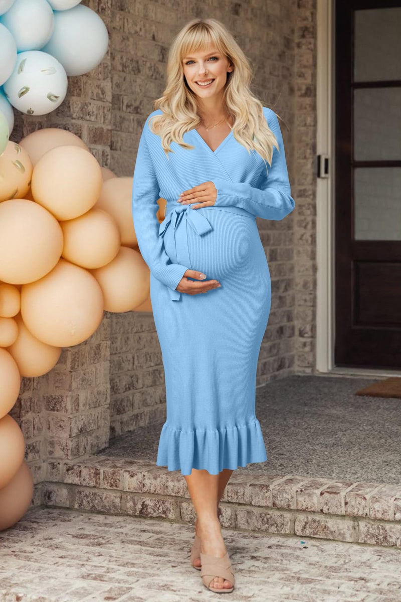 OUGES Maternity Nursing Dress Fall Winter Sweater for Women Wedding Guest Formal Fishtail Dress Gender Reveal Baby Shower Photoshoot Bow Tie Pregnancy Must Haves Clothes Outfits(Sky Blue,M) - Image 4