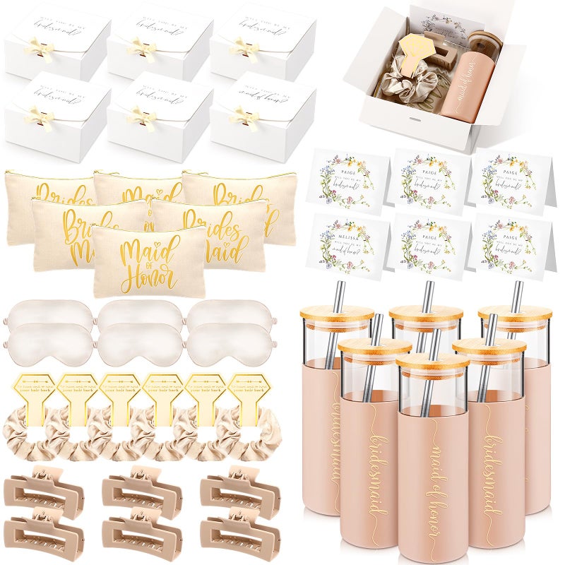 Tioncy 42 Pcs Bridesmaid Proposal Gifts Bridal Shower Wedding Gift Box Makeup Bags Invited Cards Tumblers with Lids and Straw Scrunchies Eye Mask Hair Clips for Maid of HonorChampagne - Image 2