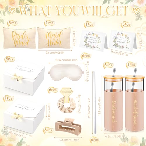 Tioncy 42 Pcs Bridesmaid Proposal Gifts Bridal Shower Wedding Gift Box Makeup Bags Invited Cards Tumblers with Lids and Straw Scrunchies Eye Mask Hair Clips for Maid of HonorChampagne - Image 3