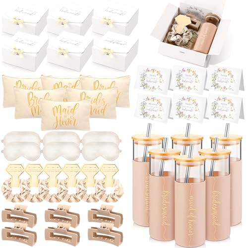 Tioncy 42 Pcs Bridesmaid Proposal Gifts Bridal Shower Wedding Gift Box Makeup Bags Invited Cards Tumblers with Lids and Straw Scrunchies Eye Mask Hair Clips for Maid of HonorChampagne - Image 1