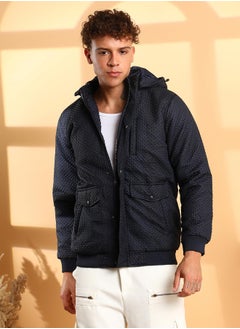 Campus Sutra Men's Navy Blue Self-Design Diamond Puffer Jacket With Fleece Hood  - Image 2