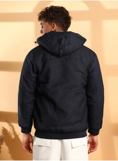 Campus Sutra Men's Navy Blue Self-Design Diamond Puffer Jacket With Fleece Hood  - Image 5