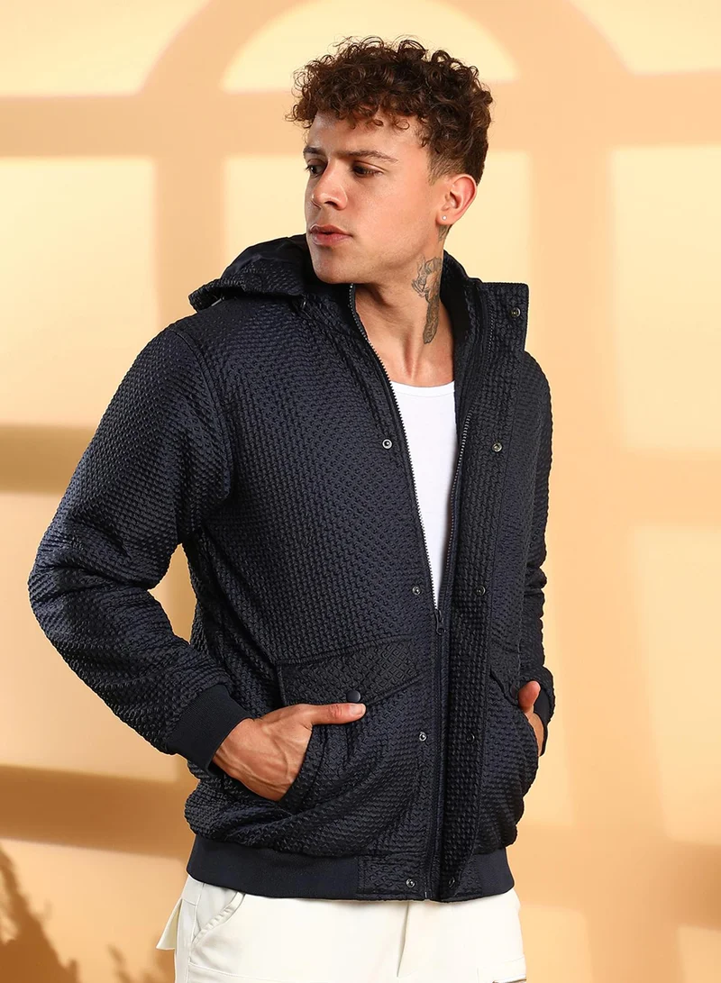 Campus Sutra Men's Navy Blue Self-Design Diamond Puffer Jacket With Fleece Hood