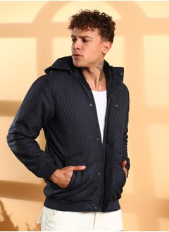 Campus Sutra Men's Navy Blue Self-Design Diamond Puffer Jacket With Fleece Hood  - Image 3