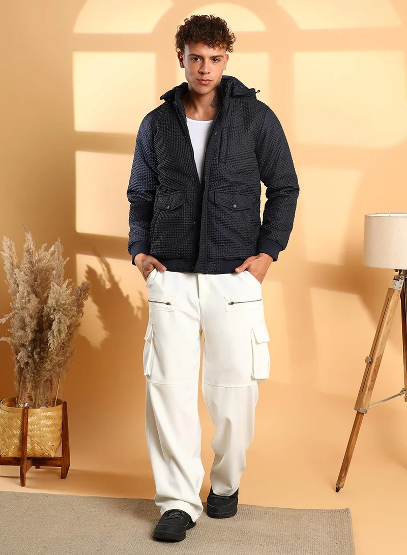 Campus Sutra Men's Navy Blue Self-Design Diamond Puffer Jacket With Fleece Hood