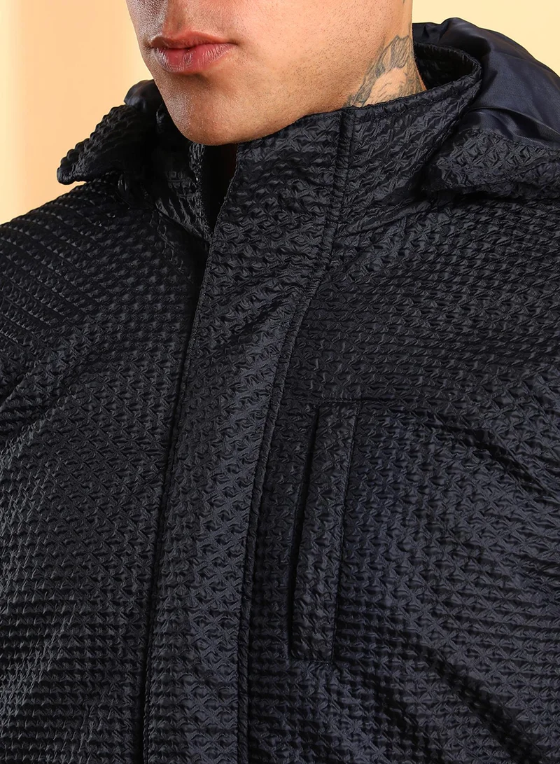 Campus Sutra Men's Navy Blue Self-Design Diamond Puffer Jacket With Fleece Hood