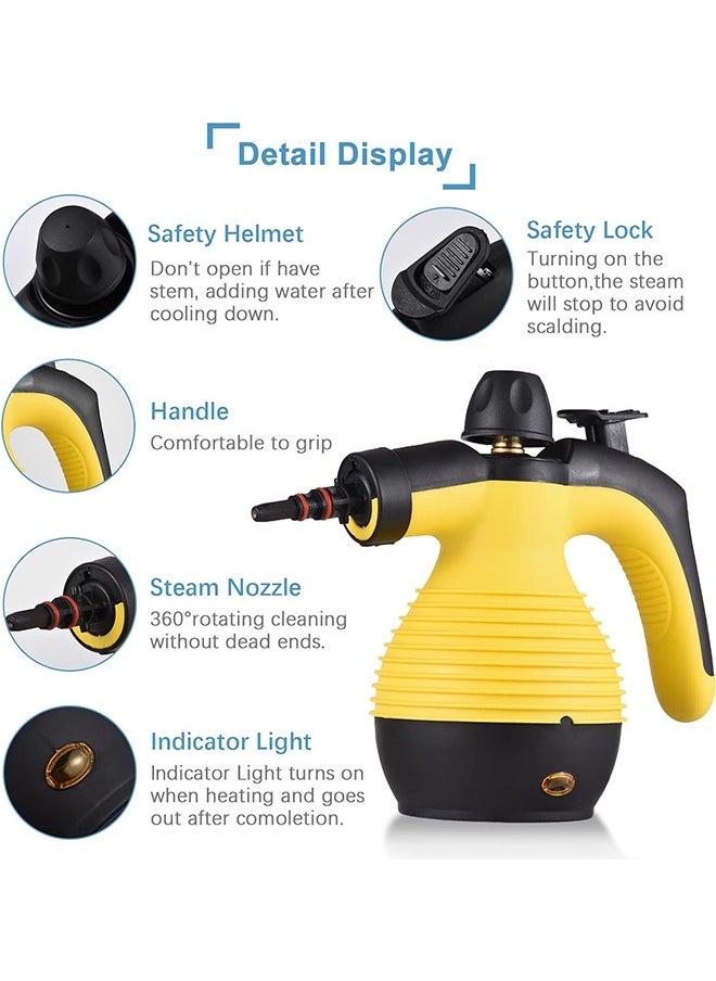 Arabest 1050W Handheld Steam Cleaner for Home Pressurized Steam Cleaner with 9 Accessories and Safety Lock, 9.8Ft Extended Power Cord，Multi-Purpose Steamer for Home Use, Floor, Car, Upholstery, Grout(Yellow/Black)  - Image 2